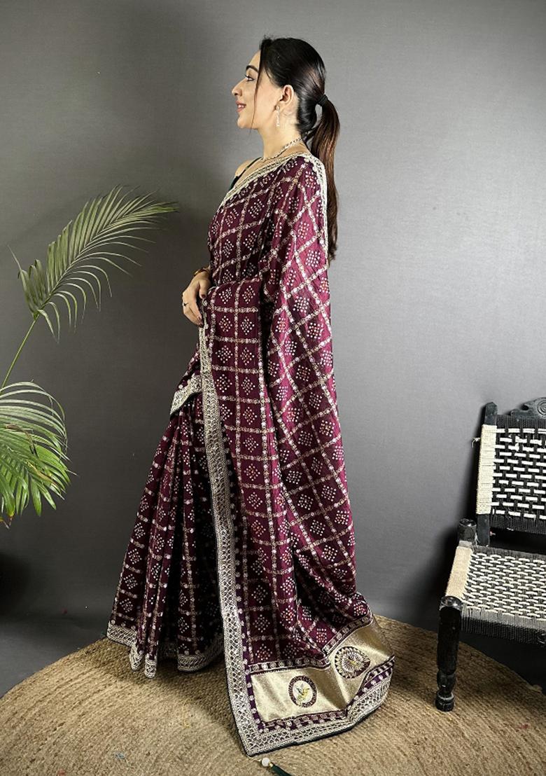 Wine Printed Silk Saree Set - Indya