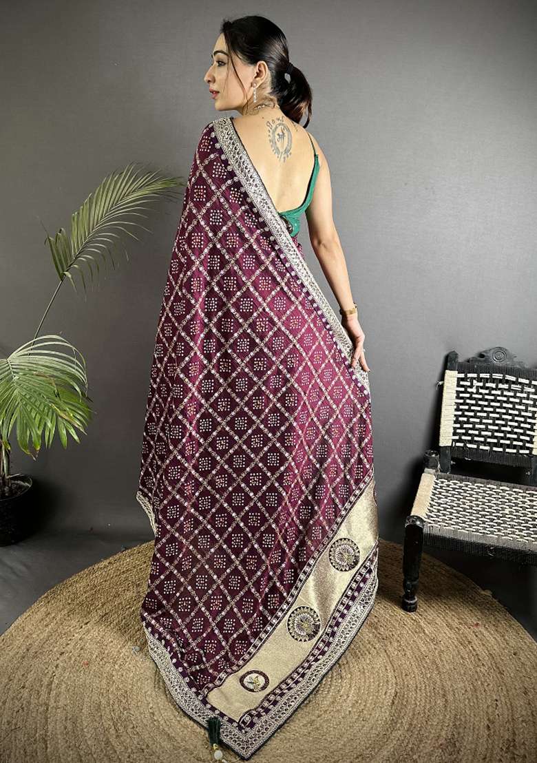 Wine Silk Blend Saree Set with Printed for Diwali | Wedding & Festive Wear - Indya