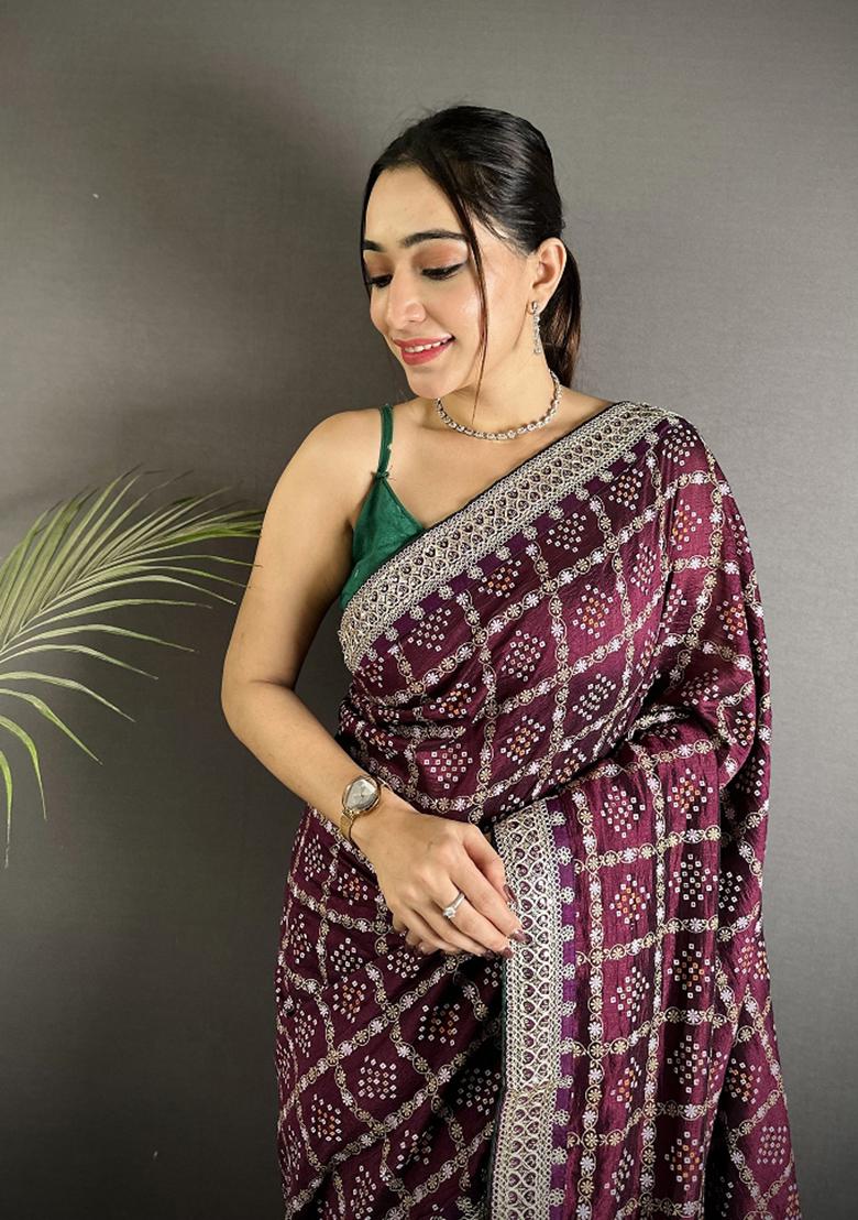 Wine Printed Silk Saree Set - Indya