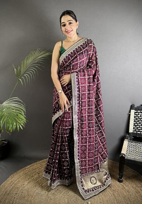 Wine Printed Silk Saree Set