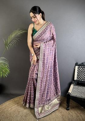 Lavender Printed Silk Saree Set