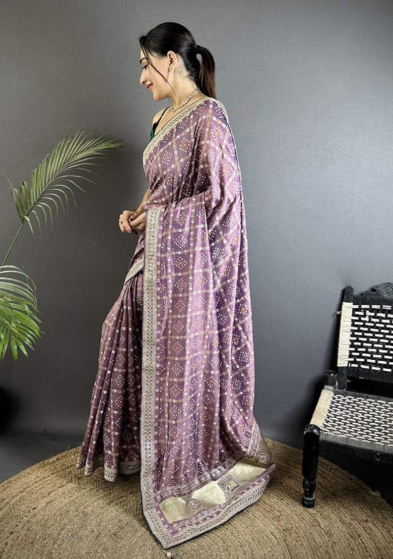 Lavender Printed Silk Saree Set - Indya