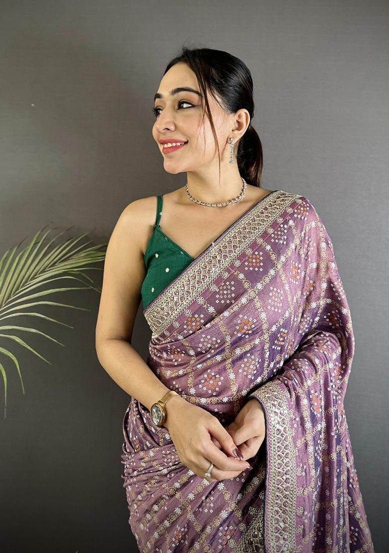 Lavender Printed Silk Saree Set - Indya