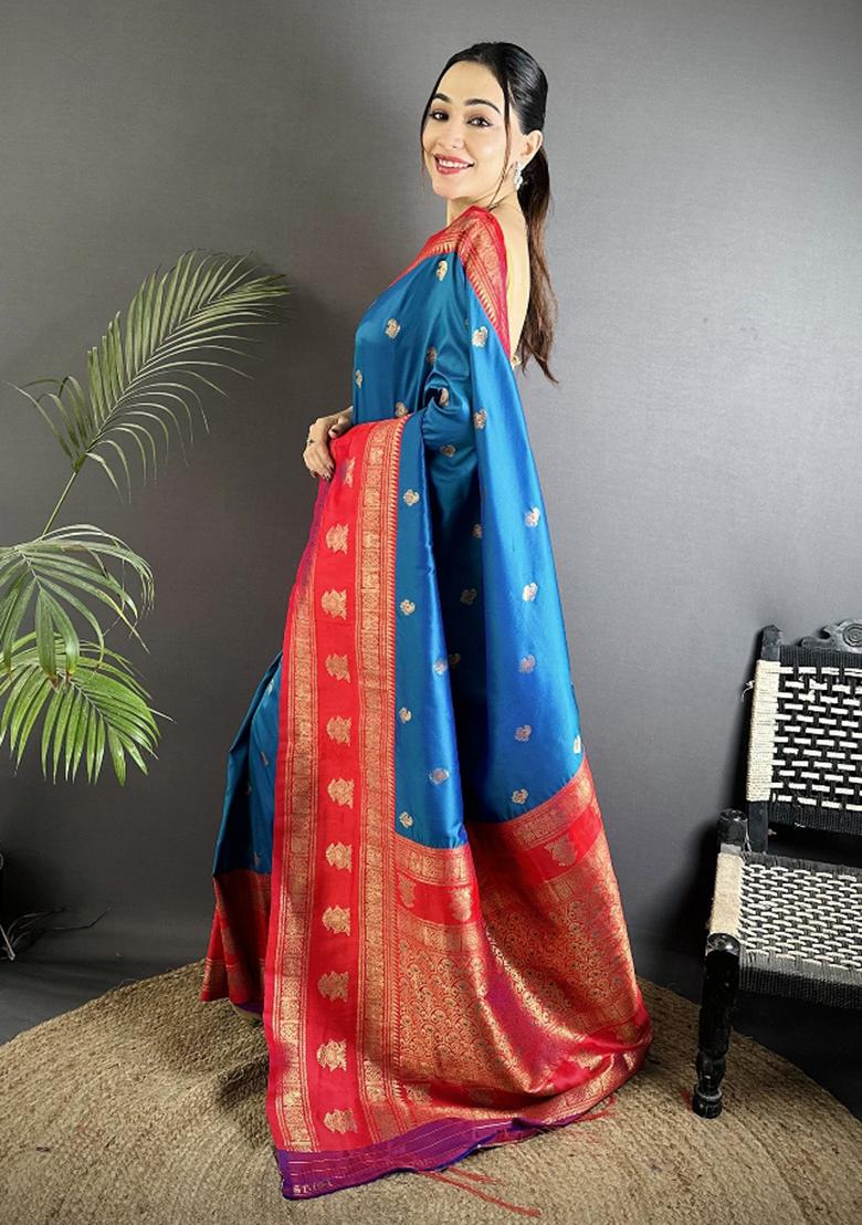 Royal Blue Woven Butti Silk Saree Set - Indya