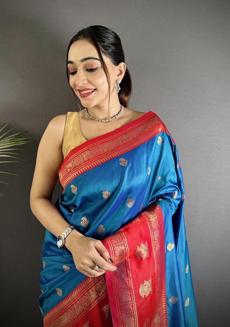 Royal Blue Woven Butti Silk Saree Set - Indya