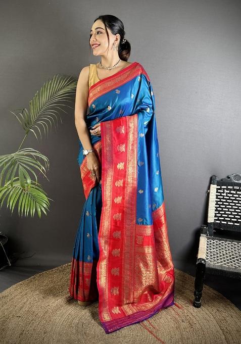 Royal Blue Woven Butti Silk Saree Set