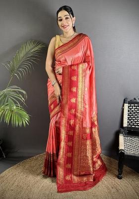 Peach Woven Butti Silk Saree Set