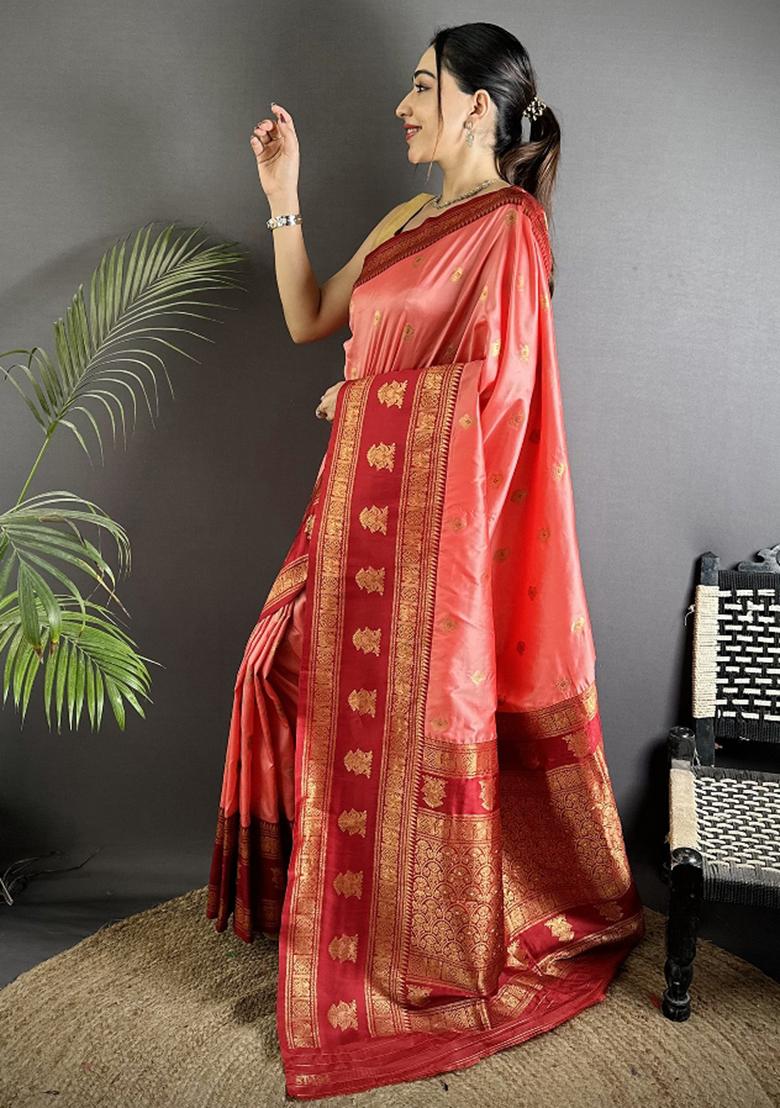 Peach Woven Butti Silk Saree Set - Indya