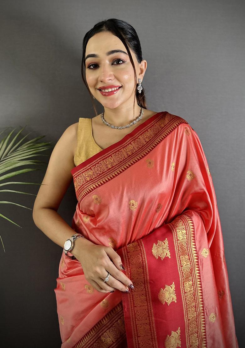 Peach Woven Butti Silk Saree Set - Indya