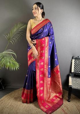 Navy Blue Woven Butti Silk Saree Set