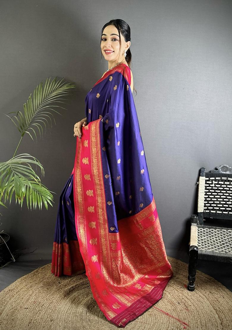 Navy Blue Woven Butti Silk Saree Set - Indya