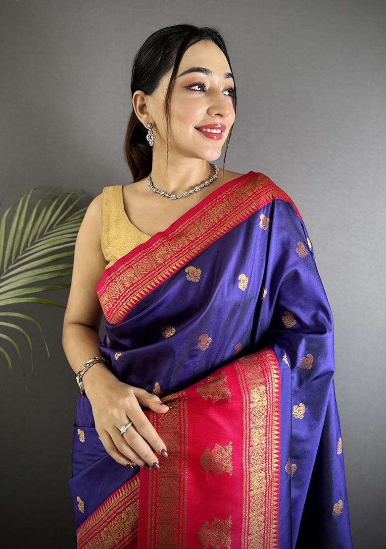 Navy Blue Woven Butti Silk Saree Set - Indya