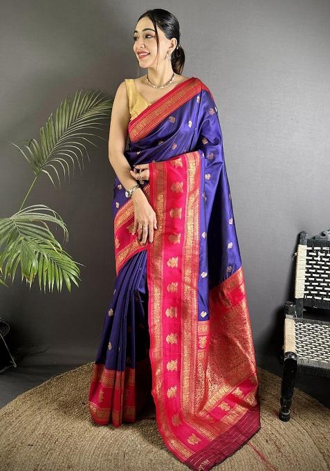 Navy Blue Woven Butti Silk Blend Saree Set