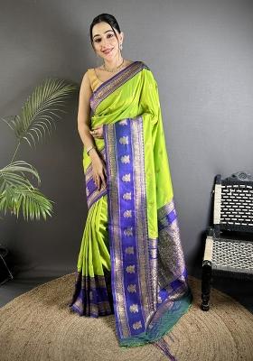 Parrot Green Woven Butti Silk Saree Set