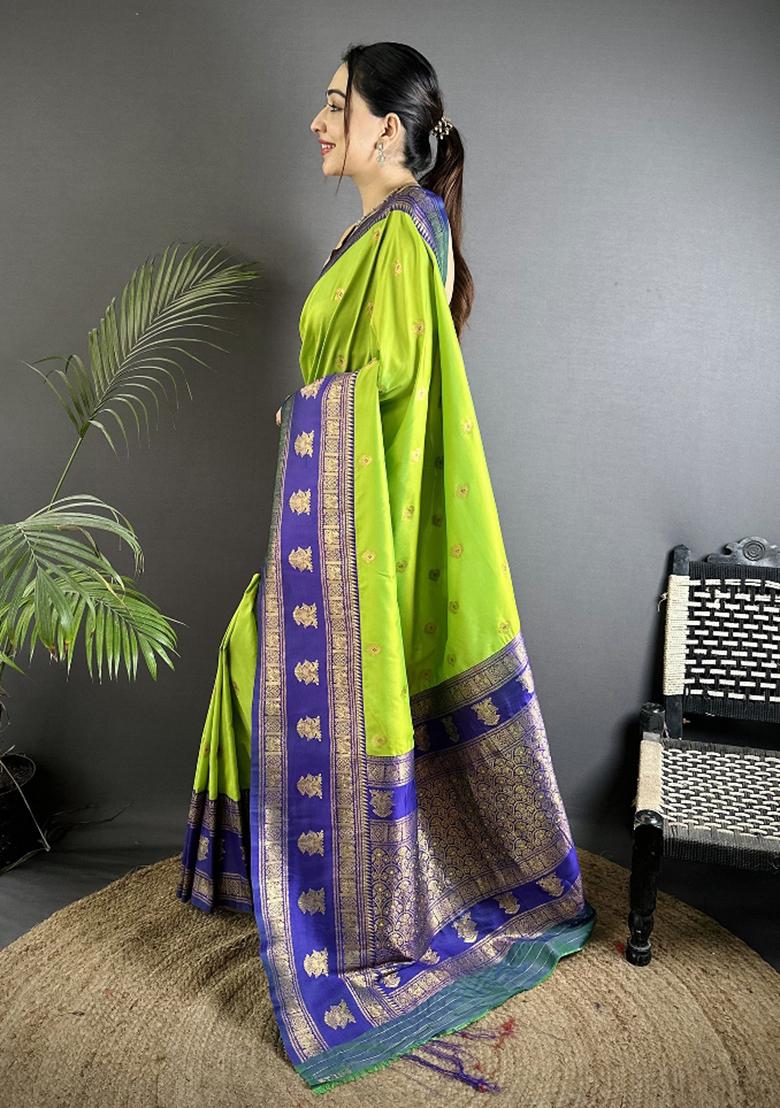 Parrot Green Woven Butti Silk Saree Set - Indya