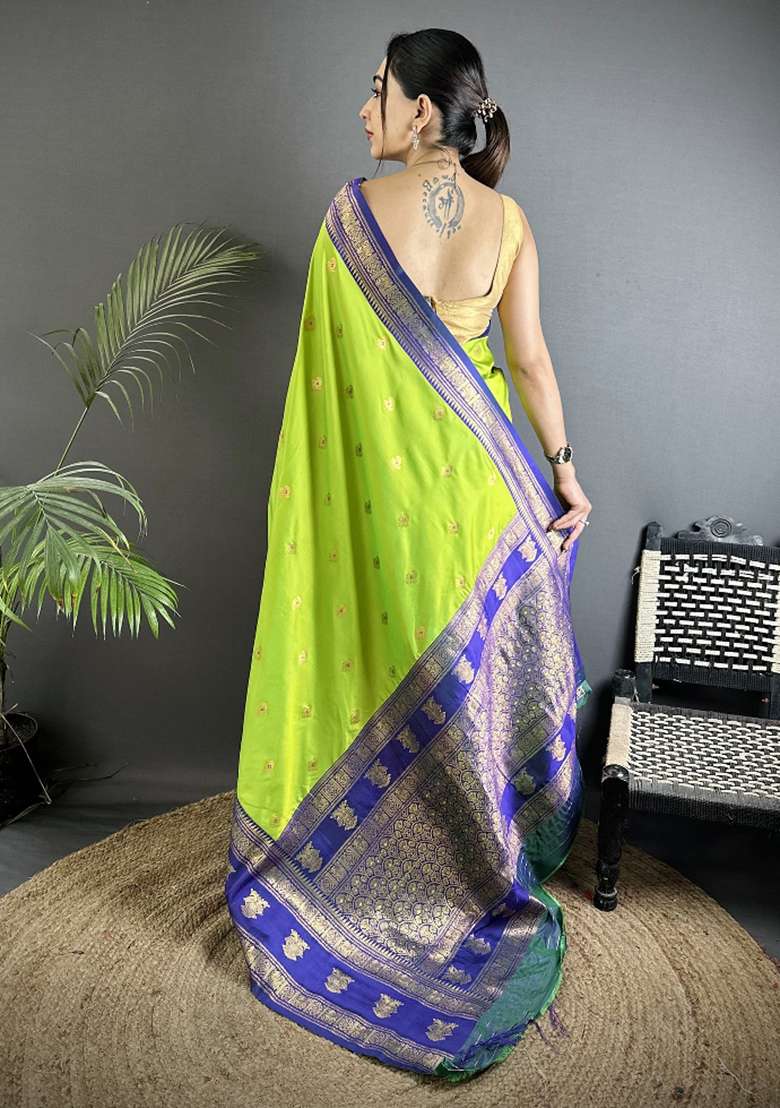 Parrot Green Woven Butti Silk Blend Saree Set for Diwali | Wedding & Festive Wear - Indya