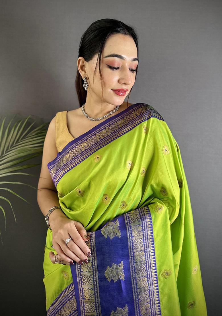 Parrot Green Woven Butti Silk Saree Set - Indya