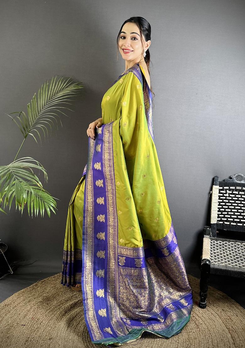 Green Woven Butti Silk Saree Set - Indya