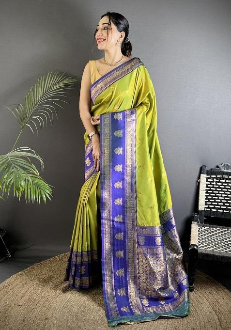 Green Woven Butti Silk Saree Set