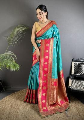 Sea Green Woven Butti Silk Saree Set