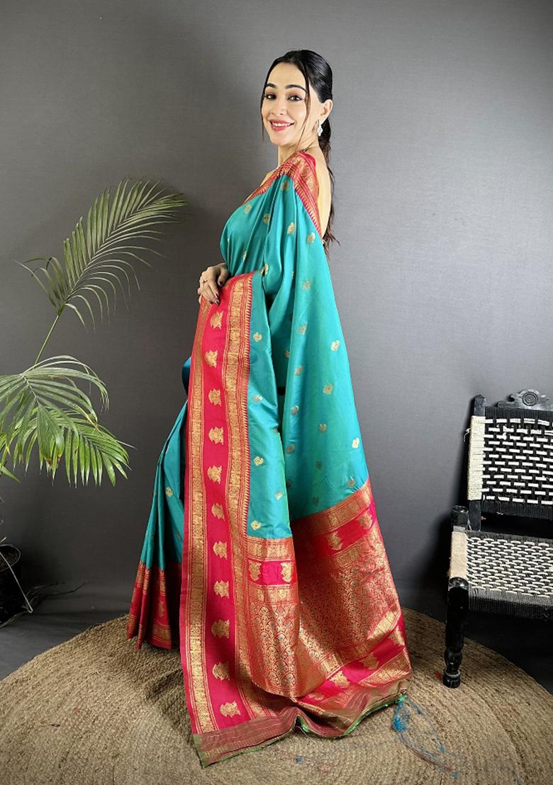 Sea Green Woven Butti Silk Saree Set - Indya