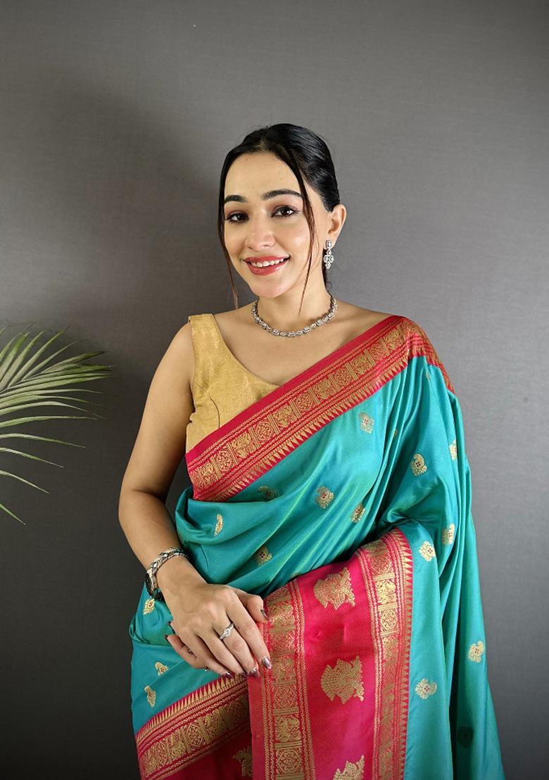 Sea Green Woven Butti Silk Saree Set - Indya