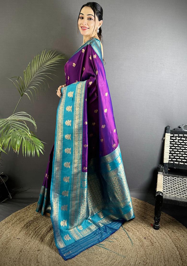 Purple Woven Butti Silk Saree Set - Indya