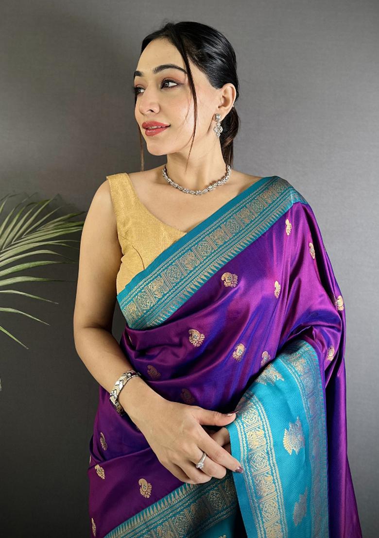 Purple Woven Butti Silk Saree Set - Indya