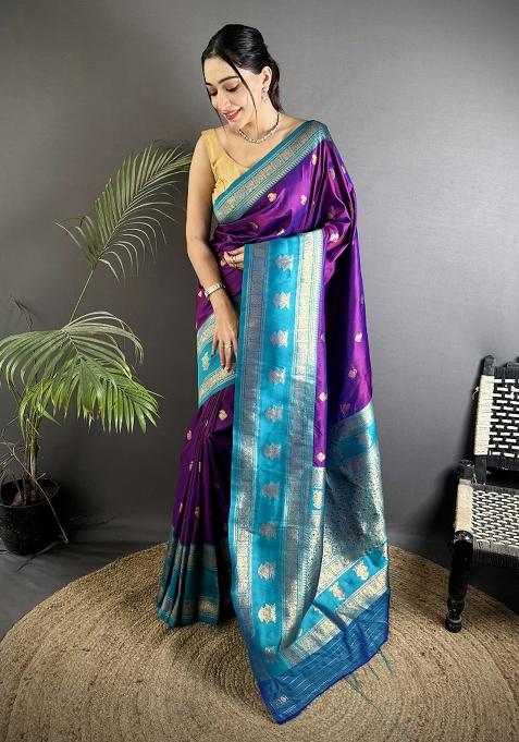 Purple Woven Butti Silk Saree Set