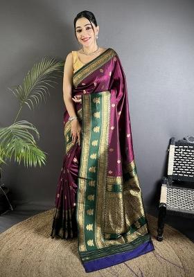 Wine Woven Butti Silk Saree Set