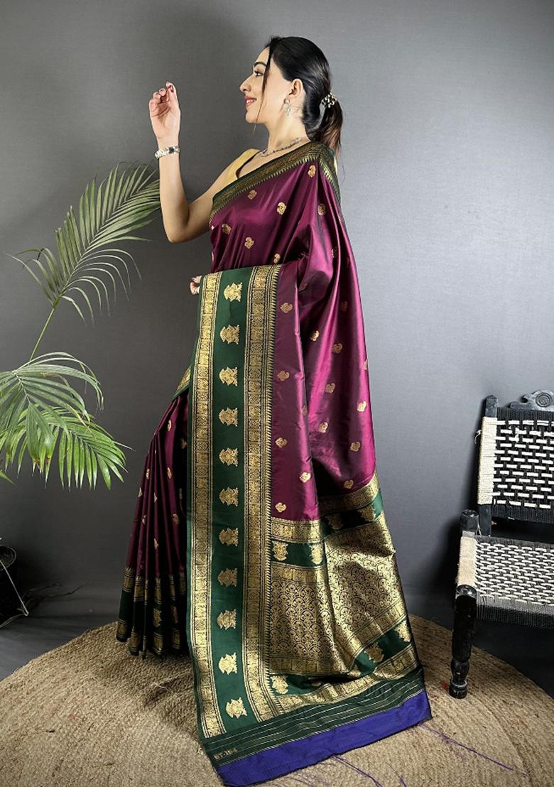 Wine Woven Butti Silk Saree Set - Indya