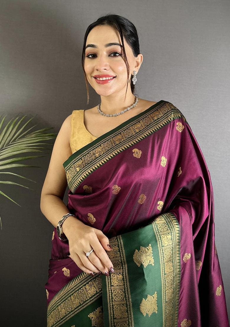 Wine Woven Butti Silk Saree Set - Indya