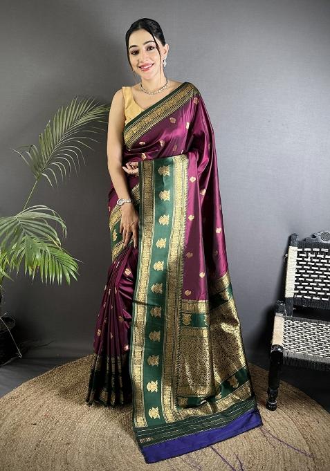 Wine Woven Butti Silk Saree Set