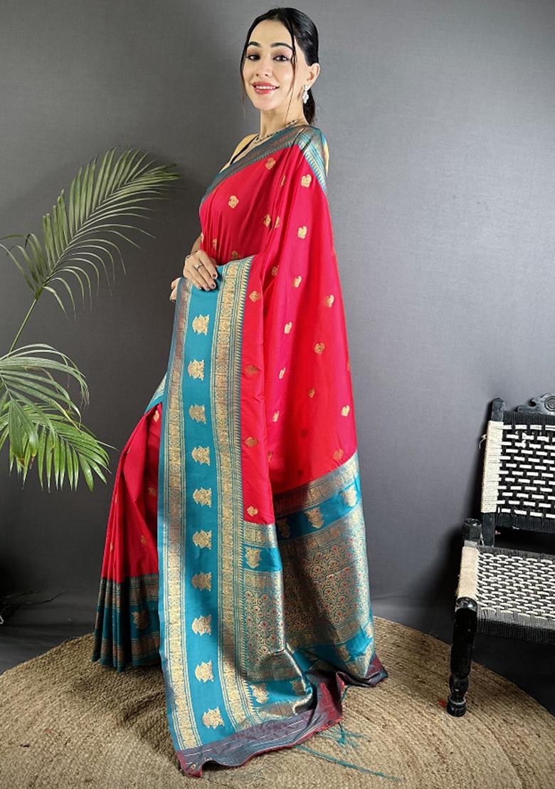 Hot Pink Woven Butti Silk Saree Set - Indya