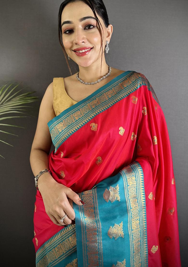 Hot Pink Woven Butti Silk Saree Set - Indya