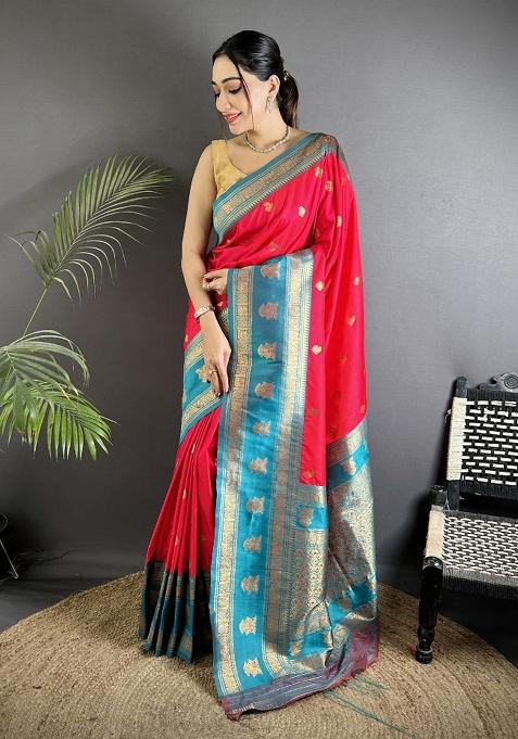 Hot Pink Woven Butti Silk Saree Set
