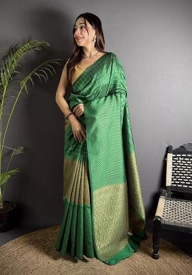 Green Checked Silk Saree Set