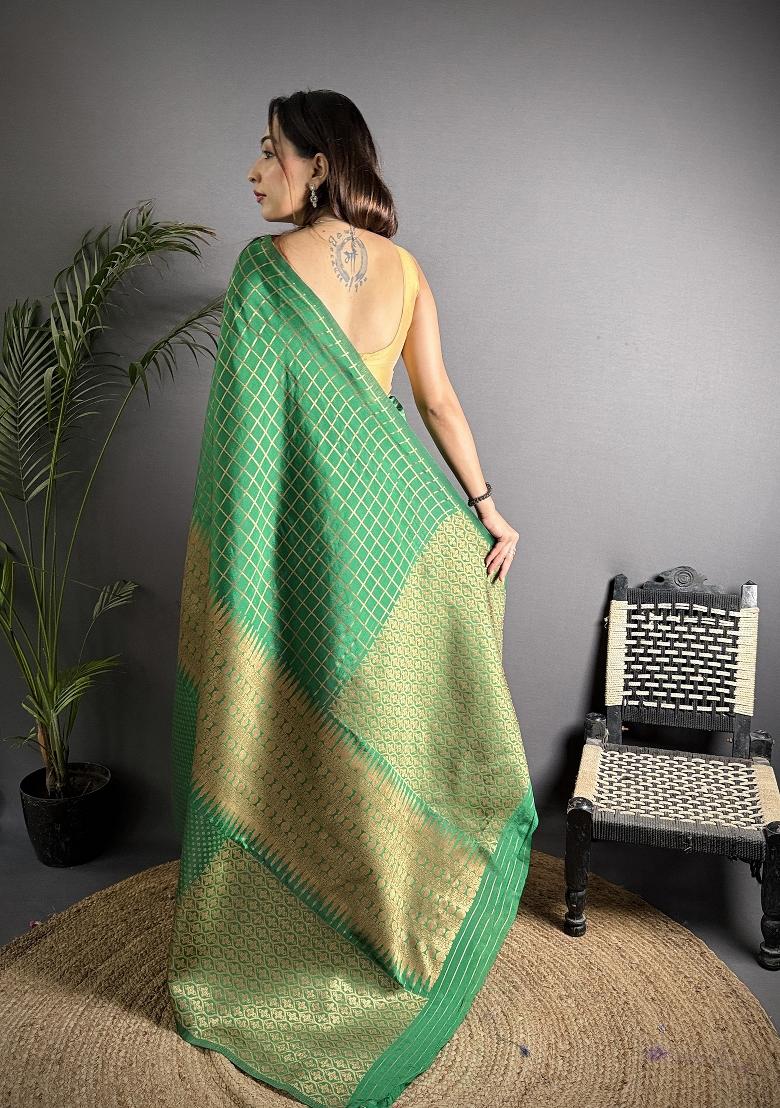 Green Checked Silk Saree Set - Indya