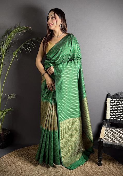 Green Checked Silk Saree Set