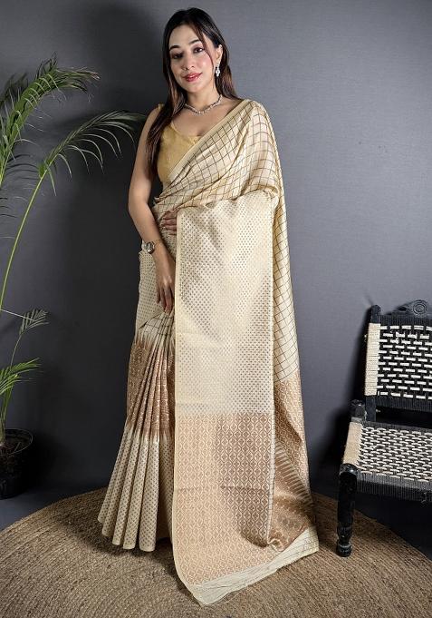 Off White Checked Silk Saree Set