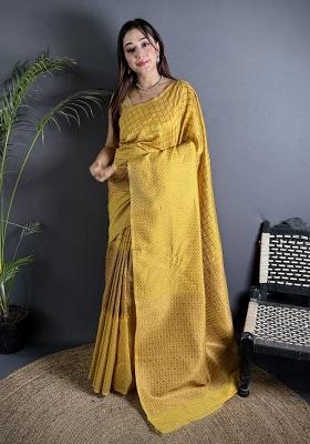 Golden Yellow Checked Silk Saree Set