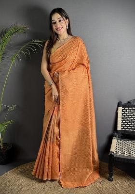 Orange Checked Silk Saree Set
