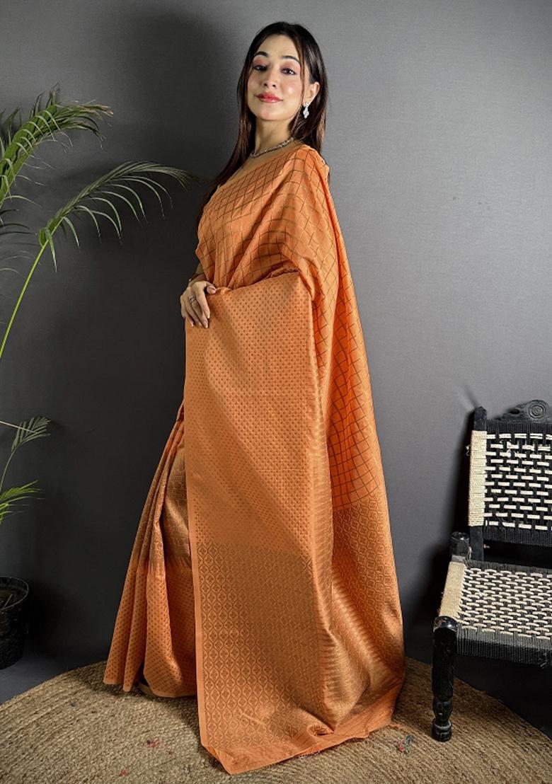 Orange Checked Silk Saree Set - Indya