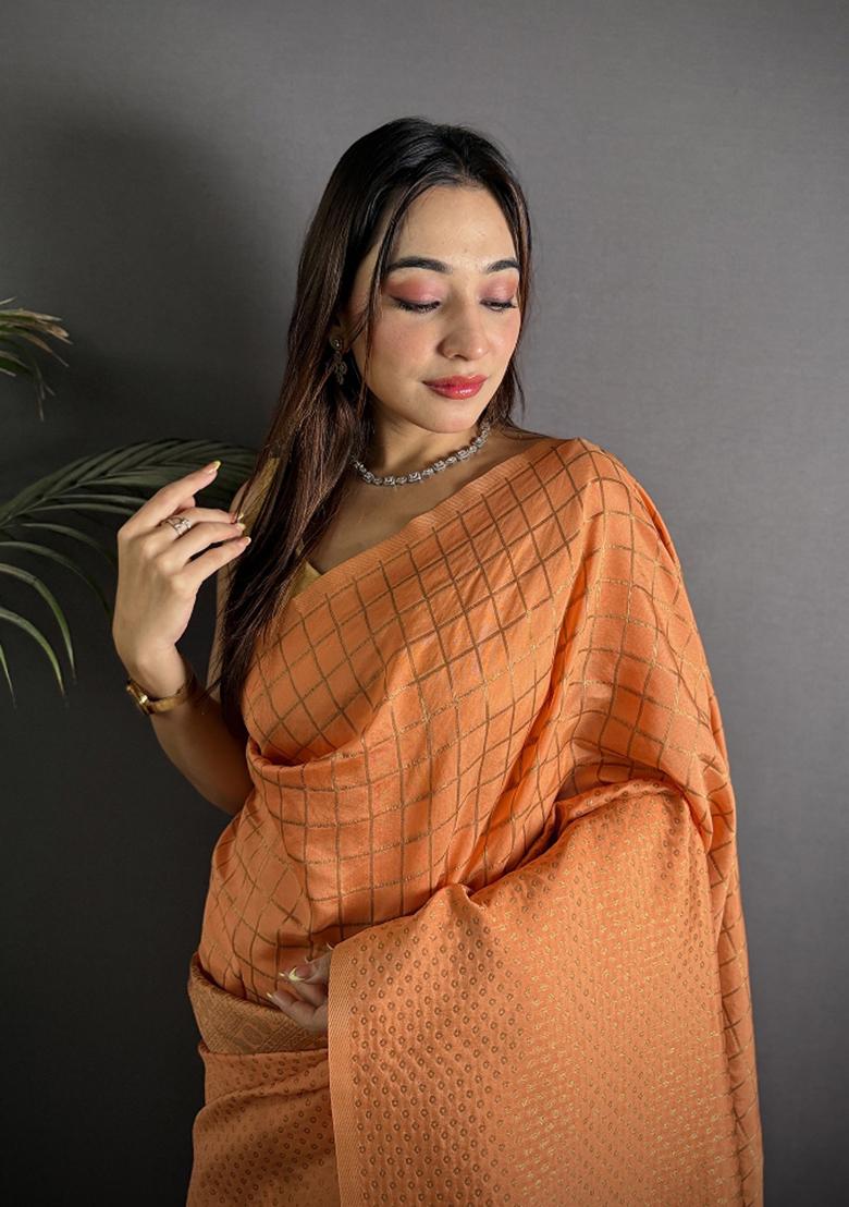Orange Checked Silk Saree Set - Indya