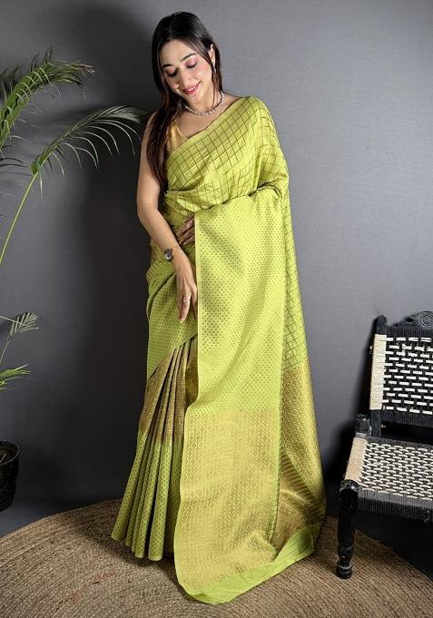 Light Green Checked Silk Blend Saree Set