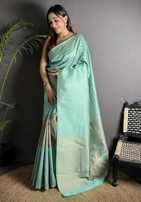 Light Blue Checked Silk Saree Set