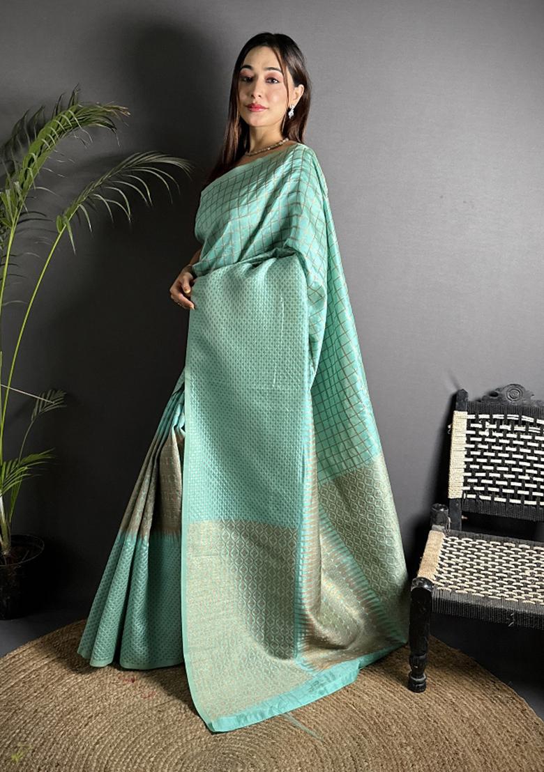 Light Blue Checked Silk Saree Set - Indya