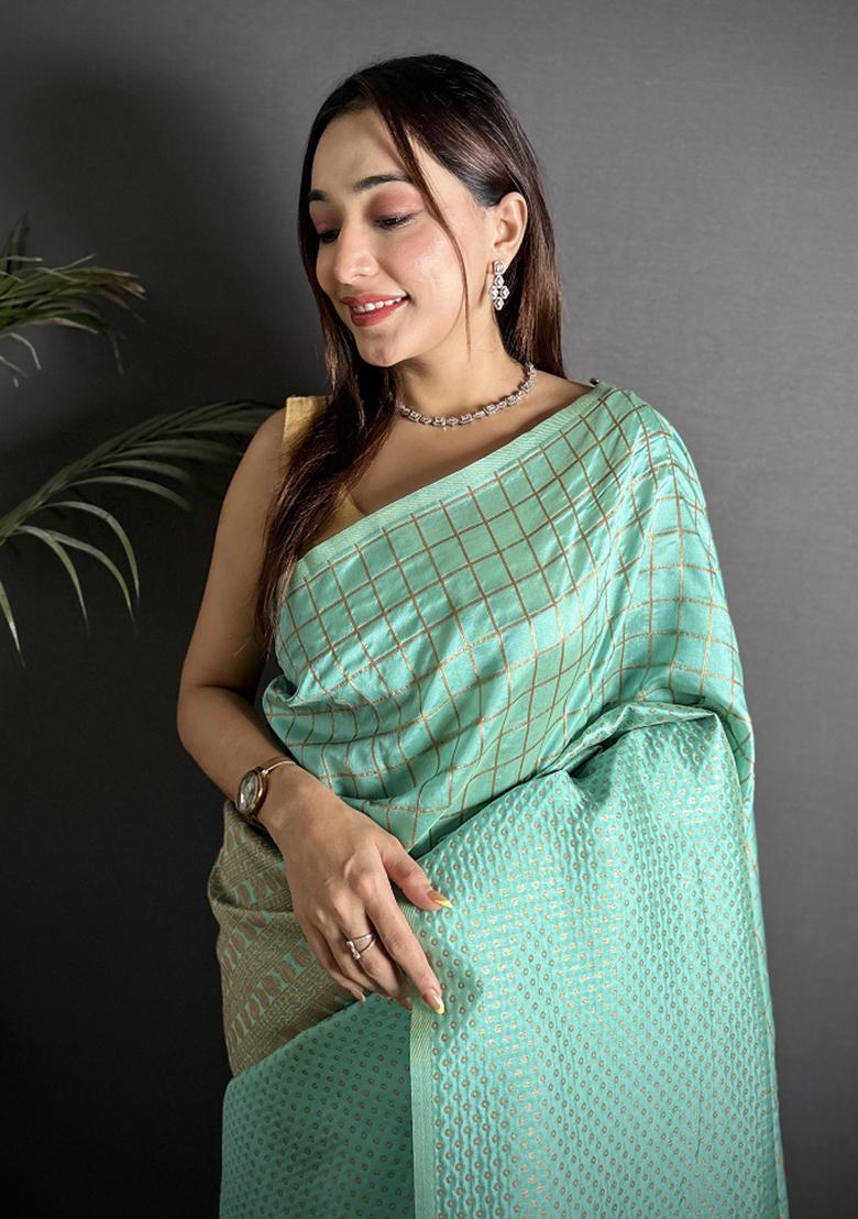 Light Blue Checked Silk Saree Set - Indya