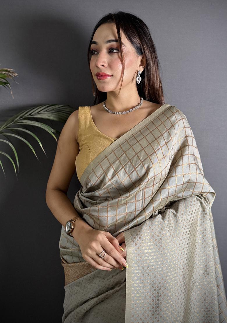 Grey Checked Silk Saree Set - Indya