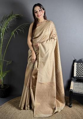 Ivory Checked Silk Saree Set